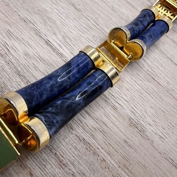 Sodalite and gold tone Chinese good fortune gold plated bracelet - Picture 8 of 13